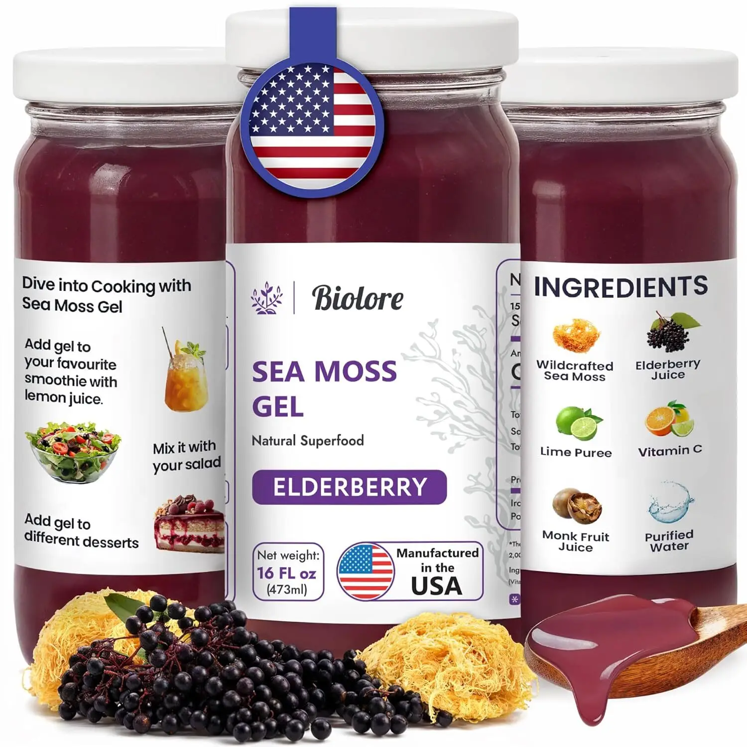 Biolore Elderberry Sea Moss Gel – Wildcrafted Irish Sea Moss Superfood with Esse...