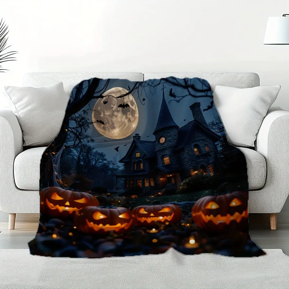 Haunted House Halloween Throw Blanket, Spooky Gothic Blanket with Full Moon, Bats and Pumpkin Design, Dark Halloween Decor Blanket for Couch Sofa Bed, Horror Theme Home Decoration Gift, Cozy October Blanket for Halloween Lovers