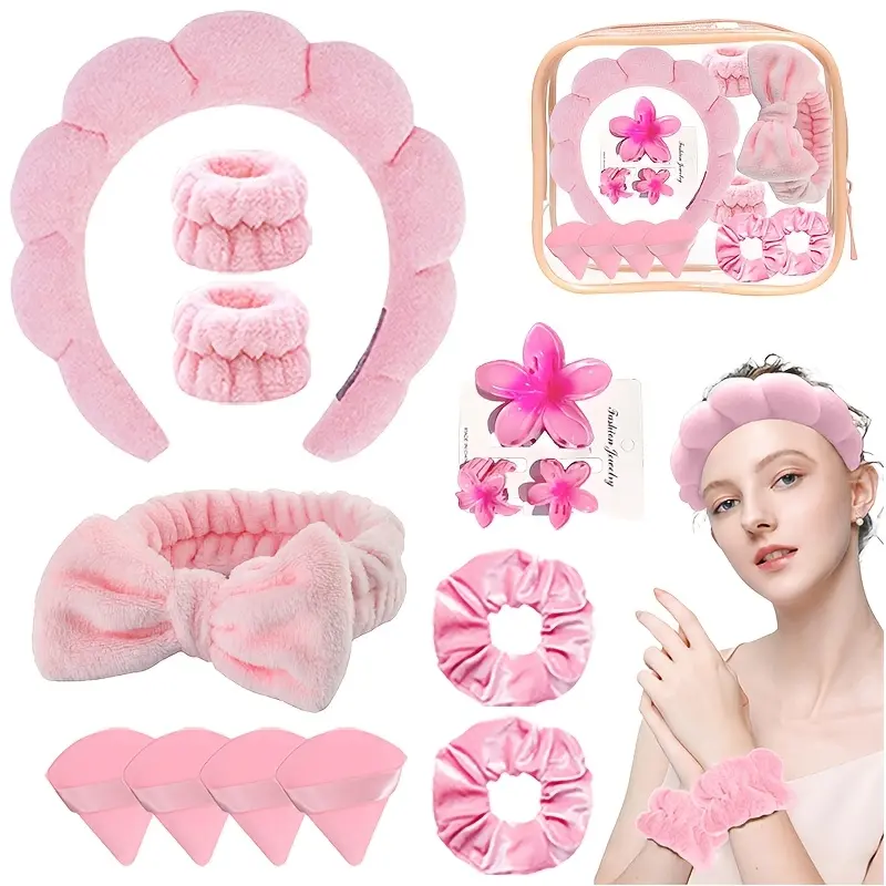 Women's Waterproof Wristbands Set, Sweat-Absorbing Sports Headband, Puffy Headband, Plush Hair Bands, Multi-Pack Hair Accessories