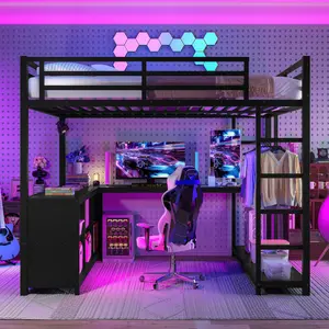 Queen Size Loft Bed with Desk & Wardrobe, Heavy Duty Metal Queen Loft Bed with Storage Shelves, Gaming Bed with L-Shaped Desk Underneath for Adults Teens, Black
