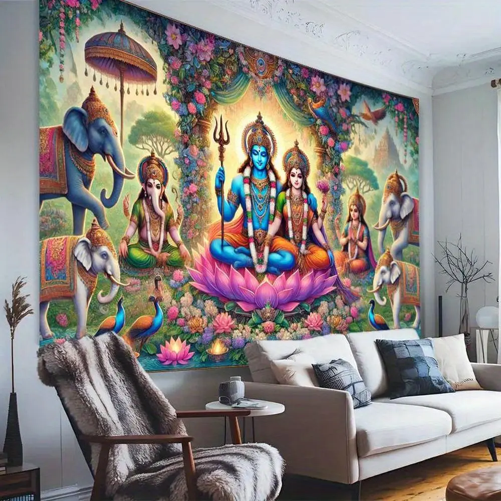 1pc Large 2D Flat Ethnic Floral Hindu Gods & Goddesses Backdrop Banner - Durable Non-Electric White Textile, Lord Shiva Photography Background, Elephant Motif, Peacock Accents, Indoor Indian Wedding & Lotus Flower-Themed Event Decor