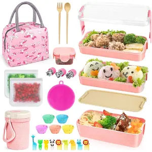 27 PCs Bento Box Lunch Kit, Stackable 3-in-1 Compartment Japanese Set w/Soup Cup Sauce Can, Spoon Fork, Cake Cups, Fruit Picks, Snack Bags, Leakproof Containers