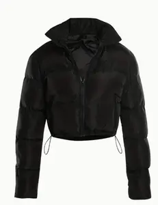 Zipper Warm Puffer Jackets For Winter Hiking Ski, Solid Color Crop Puffer Coat, Women's Clothing