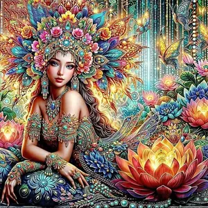 1PCS Diamond Painting Kit for Adults Fantasy Goddess with Peacock Feather Headdress DIY Rhinestone Embroid