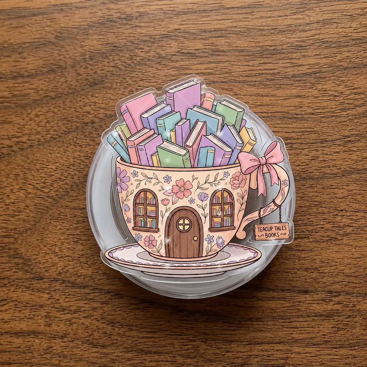 Whimsical Teacup Bookstore MagSafe Phone Grip Pastel Book Stack Magnetic Kindle Holder Cottagecore Booktok Reader Gift