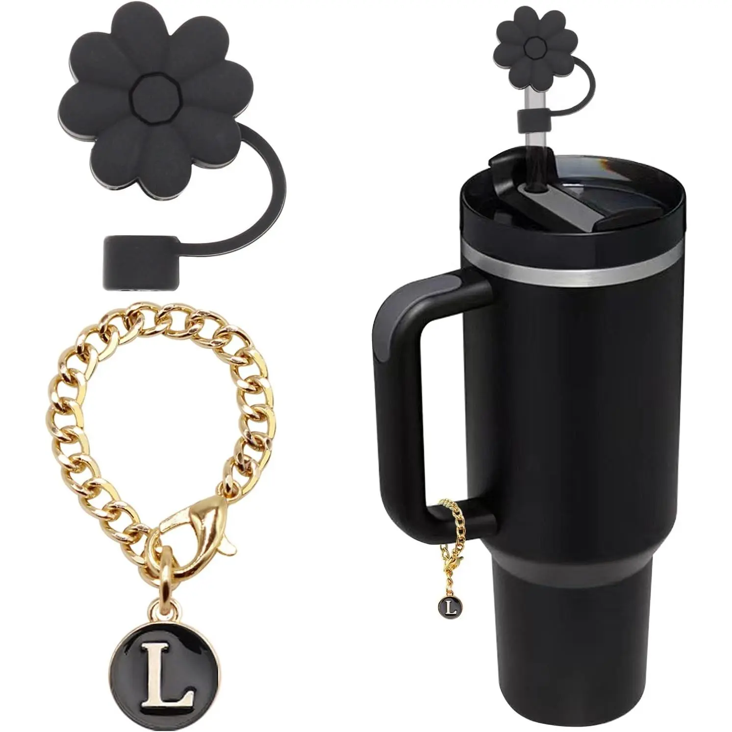 Cup Accessories, 1 count Flower  Straw Cover  Straw Topper for  30&40 oz Tumbler with Handle and 1 count Initial Letter Charm for  Cup (Letter L)