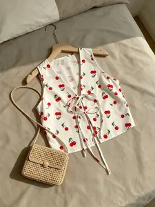 A women's white base with cherry prints elegant fitted sleeveless V-neck tie-up design top, suitable for summer, suitable for daily outing, home, and other occasions, Camisole Tops