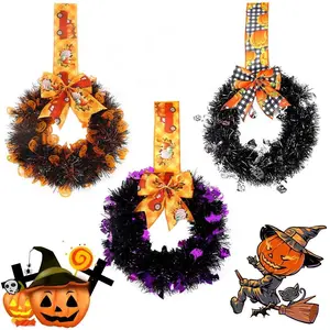 Halloween Wreath, 1 Count Artificial Pumpkin & Bat & Skeleton Decor Hanging Wreath, Halloween Decoration for Front Door, Party Supplies