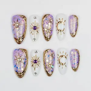 Press-On Nails, Hand-Painted Free-Style, 3D Gold Metallic Crystal Long Stiletto, Custom Chrome Almond, Y2K Goth Nail Art Decorations for Beauty & Personal Care