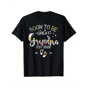 2026 Soon to Be Great Grandma T-Shirt - First Time Grandma Gift for Mothers Day, S Comfort Fit Ultra Soft Breathable Casual Tee with Floral and Footprint Design, Machine Washable All-Season Round Neck Top, Grandma Shirts, Decorative Print Shirt