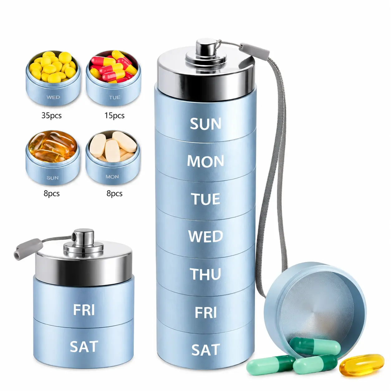 7-Day Large Capacity Medical Pill Organizer - Portable Waterproof Aluminum Alloy Pill Box, Stackable Storage for Fish Oil, Supplements, Capsules, Kitchen Preserving Container Summer Deal, Medical Organizer