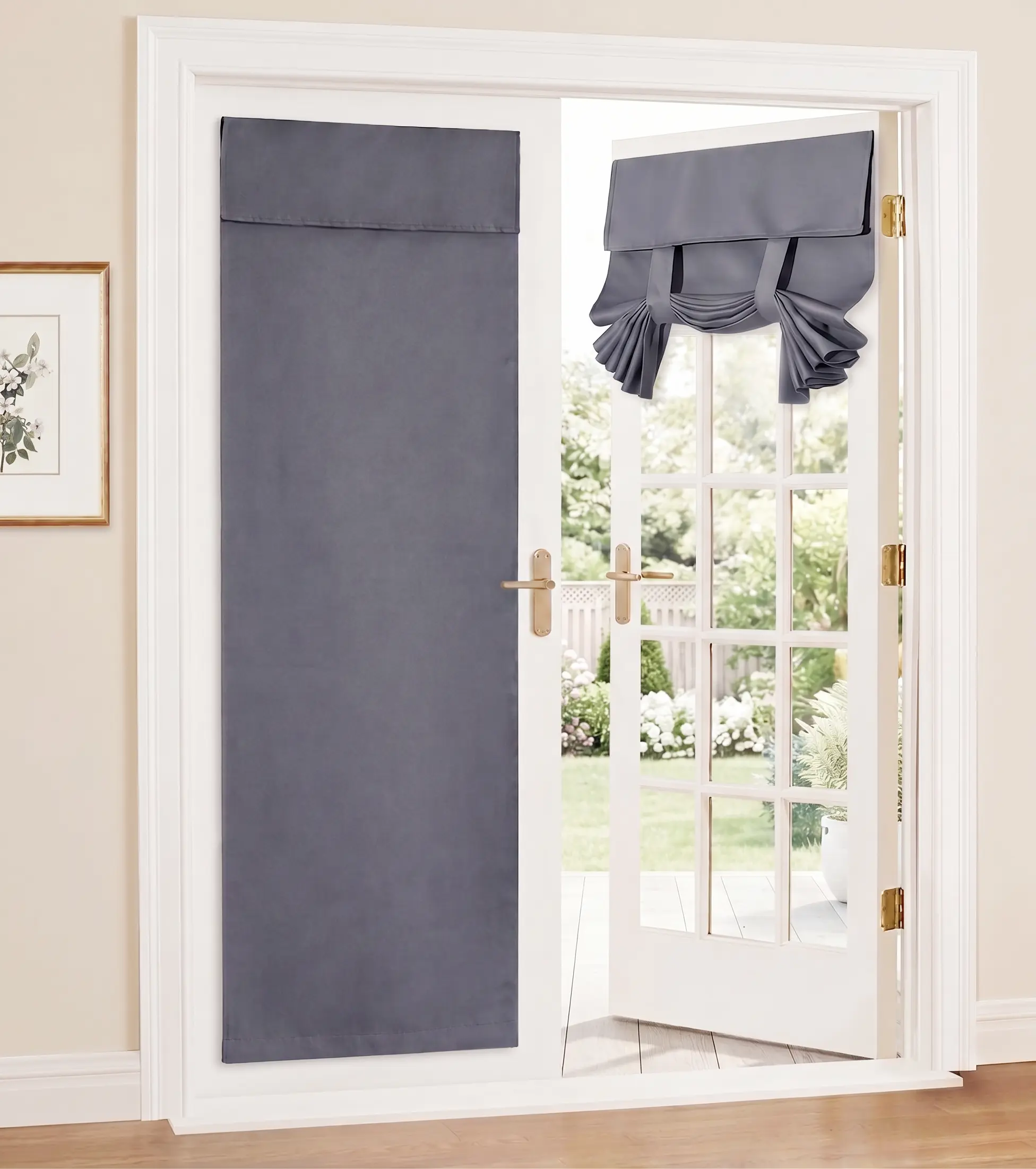 Blackout French Door Curtain - Privacy Thermal Insulated Window Shades Tie-Up for Patio Kitchen Front Sliding Door Closet Patio Self Adhesive No Drill