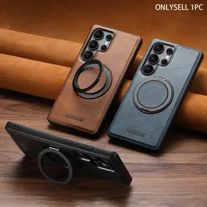 Premium Leather Texture Belt 360° Rotating Car Magnetic Holder Anti-Drop Protective Smartphone Phone Case Accessories for Samsung Galaxy S26 Ultra S25 Ultra S24 Ultra S23 Ultra S22 Ultra Cover Casing Protector Protection Cellphone