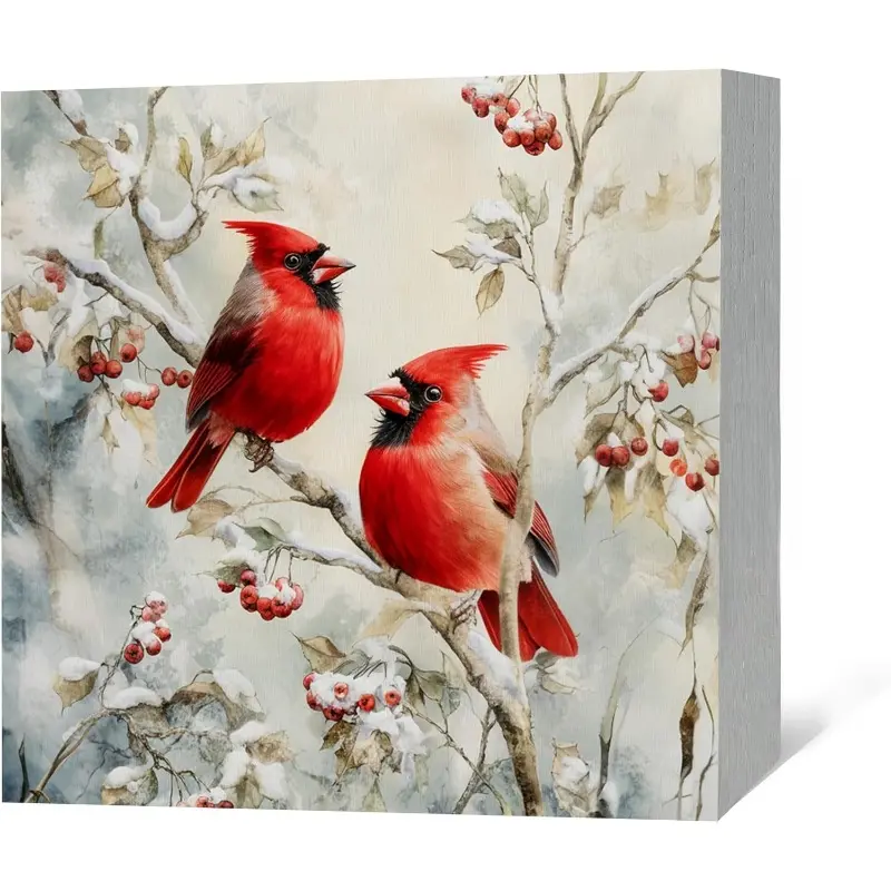 Winter Christmas Cardinal Wood Box Sign Desk Decor, Cardinal Christmas Decorations, Farmhouse Winter Red Berries Bird Wooden Block Box Sign Decoration for Home Bedroom Shelf Table Decor 5x5 inch