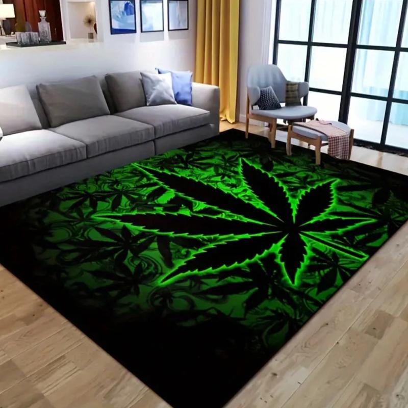 Fluorescent Marijuana Leaves Black Felt Rug - Indoor/Outdoor Use - 15x23/19x31/31x47/39x59/47x63/63x78inches - Machine Washable - 1000g/m²