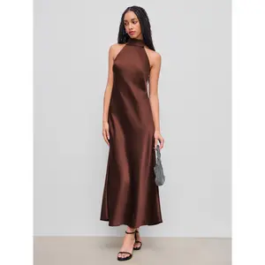 Cider Satin Halter Neckline Backless Maxi Dress
