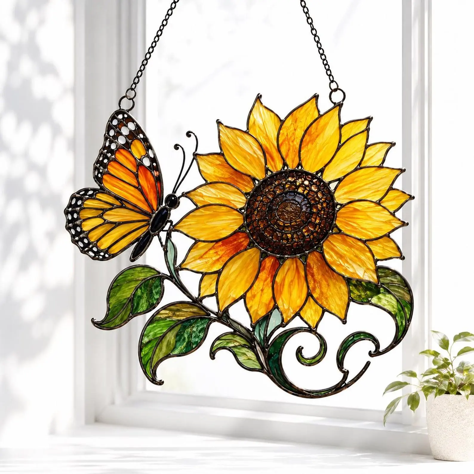 Acrylic Sunflower Suncatcher, Monarch Butterfly Window Hanging, Yellow Floral SunCatcher, Summer Nature Garden Gift for Her Mom