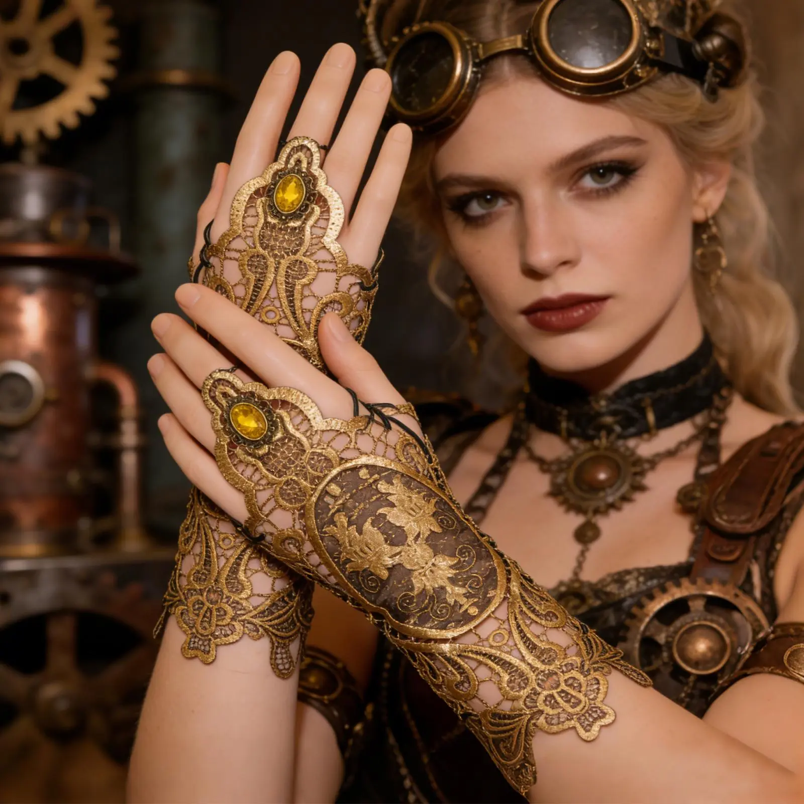 OIDEA Women's Steampunk Lace Fingerless Gloves - Vintage Embroidered Arm Cuffs with Gems, Embellished, Laced, Rhinestone, Sparkly, Victorian Fashion Gloves, Embellished Women's Gloves, Laced Women's Gloves