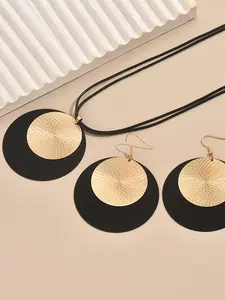 Women Jewelry Set PU Rope Chain Necklace & Geometric Pendant, Metal Round Earrings, Elegant Daily Wear Accessories