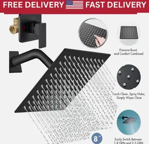 Black Shower Faucet Set 8"Rainfall Shower Head Combo System with Mixer Valve Kit