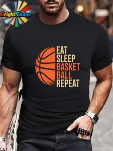 Black Crew Neck T-Shirt for Men Featuring a Graphic That Says Eat Sleep Basketball Repeat, Perfect for Sports Enthusiasts