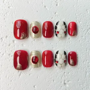 [Crimson Crown] Short Square Handmade Press on Nails, Fake Nails with Nail tool kit with Jelly Stickers, Reusable, Durable