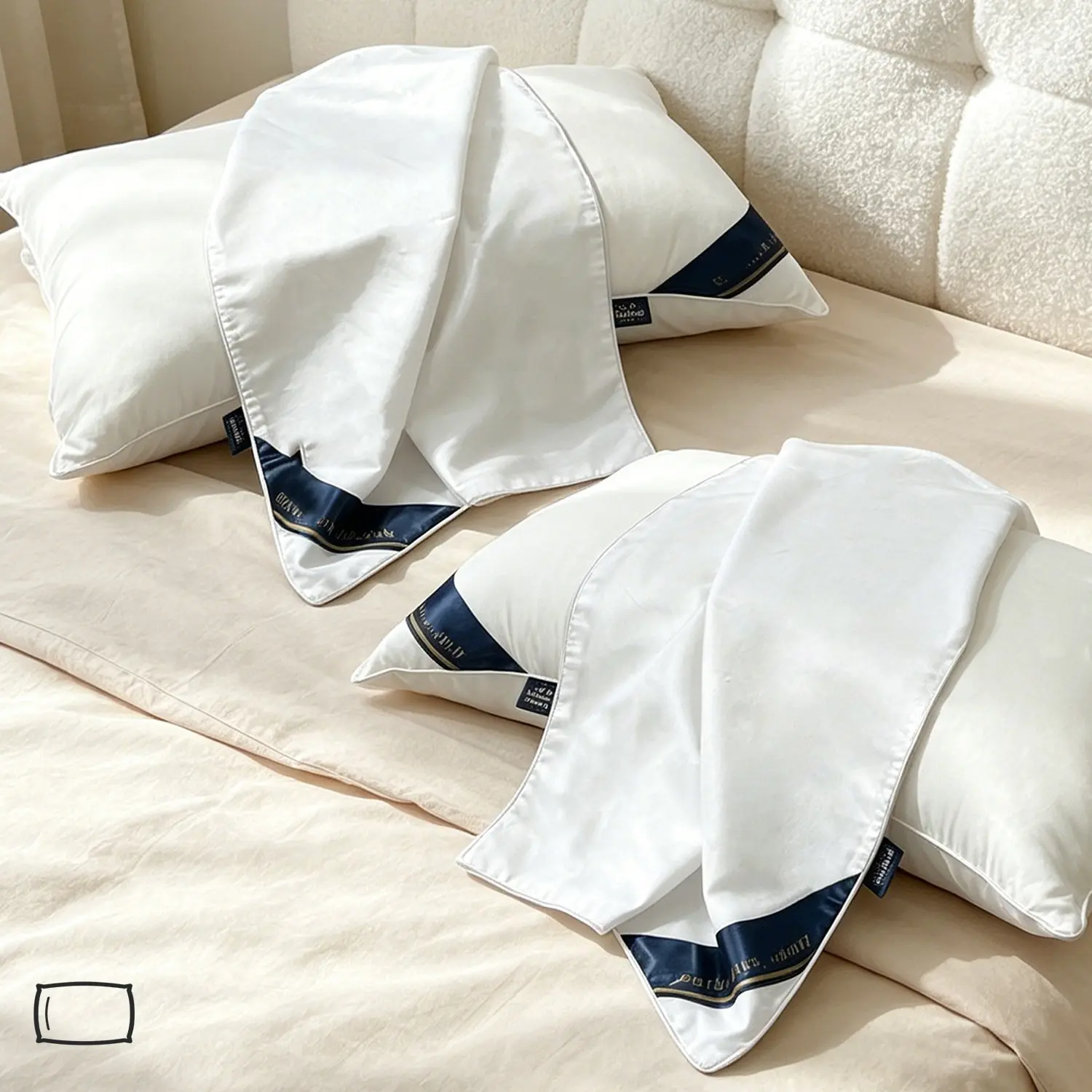 White pillowcase set for white pillows, removable and washable replacement pillowcases, understated luxury solid-color pillowcases with teal woven piping, 1 pair