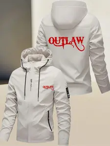 Men's Hooded Windproof Jacket with Zipper Pockets, Lightweight Casual Outerwear for Cycling Skiing Winter Sports, Polyester