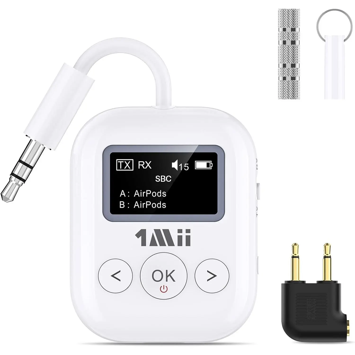 Safefly Compact Wireless Bluetooth Transmitter-Receiver Adapter, 3.5mm Jack Audio Accessory with Push Button & OLED Display for Airplanes, Road Trips, Supports 2 AirPods/Headphones, Noise-Reducing, White, Compatible with Smartphones