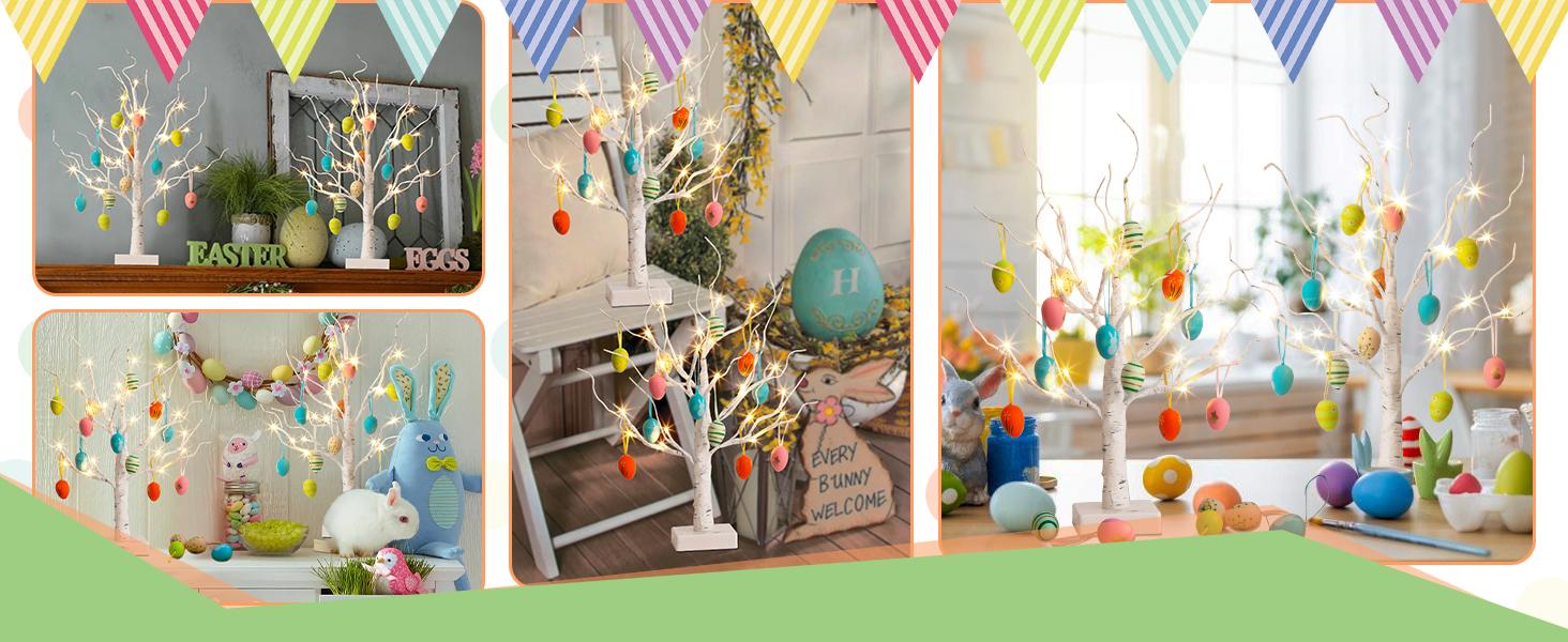PEIDUO Easter Decorations Lighted White Birch Tree with 18x2 Eggs Ornaments Battery Powered Timer 24 LED Tabletop Centerpiece Spring Home Decor 2 Pack
