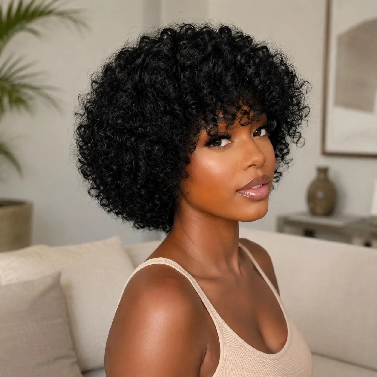 ALLOFBOB Chocolate Brown Color Wig Human Hair Glueless Wigs Water Wave Curly Wig For Women Full Machine Made Wigs No Glue Short Curly Bob Wig with Bangs Wear To Go Short Curly Human Hair Wig for Women Vietnamese Human Hair Wig