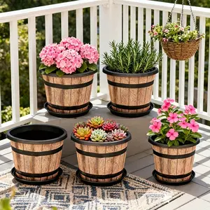 3 Piece Vintage Whiskey Barrel Planter Set with Tray, Plastic Flower Pots with Drain Holes, Indoor Outdoor Garden Decor, Large Round Planters