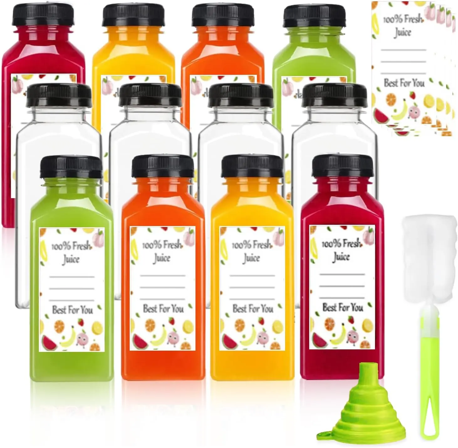 ztarraum 12pcs 12oz Plastic Juice Bottles, Reusable Juice Containers with Black Tamper Proof Lids, Brush, Funnel and Labels, Clear Juice Containers for Juicing, Smoothie and Homemade Beverages