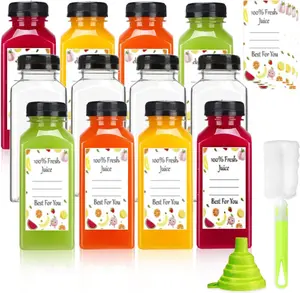 ztarraum 12pcs 12oz Plastic Juice Bottles, Reusable Juice Containers with Black Tamper Proof Lids, Brush, Funnel and Labels, Clear Juice Containers for Juicing, Smoothie and Homemade Beverages