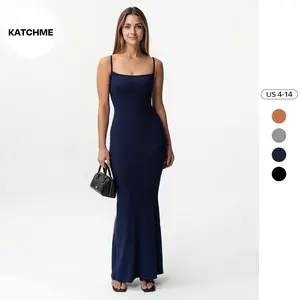 KatchMe Women's Elegant Solid Color Adjustable Strap Stretch Maxi Dress, Casual Spaghetti Strap Seamless Slinky Summer Dress, Soft Dresses for Women