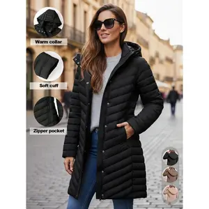 Women’s long hooded cotton jacket for fall/winter, windproof waterproof coat, lightweight down vest, casual daily wear, warm and comfortable