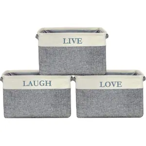 Twill Storage Basket Set - "LIVE, LOVE, LAUGH" - (Uppercase Text) Cotton Decorative Lightweight Linen Organiser Bin Organiser Bin Household Shelf Grey