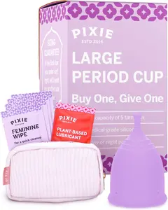 Pixie Menstrual Cup for Feminine Care - Ranked 1 for The Softest Reusable Period Cup - Wear 12 Hours - 100% Medical-Grade Silicone - Tampon Alternative (Purple, Large)