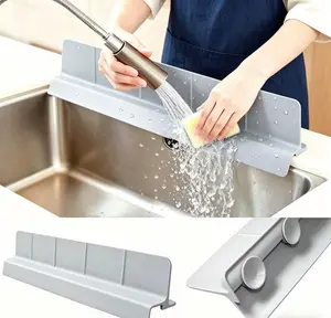 Kitchen Sink Splash Guard - Self-Draining Silicone Water Guard with 7 Suction Cups, Non-Slip Base, High Splash Wall, Overhang Edge, Countertop Dry-Keeping, Dishwasher Safe