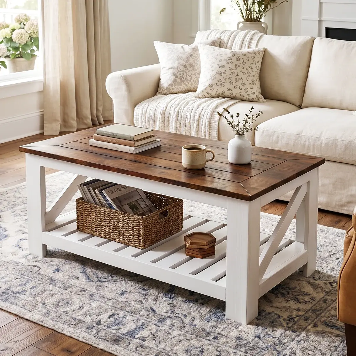 Farmhouse Wood Coffee Table for Living Room, 39.4" Wide Rectangular Center Table with Slatted Lower Shelf, Braced Frame and Storage Shelf