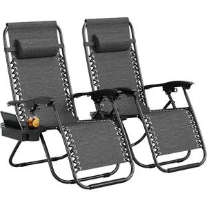 Set of 2 Zero Gravity Chairs with Cup Holder Trays, Camping Patio Outdoor Folding Lounge Chairs with Adjustable Pillow for Poolside