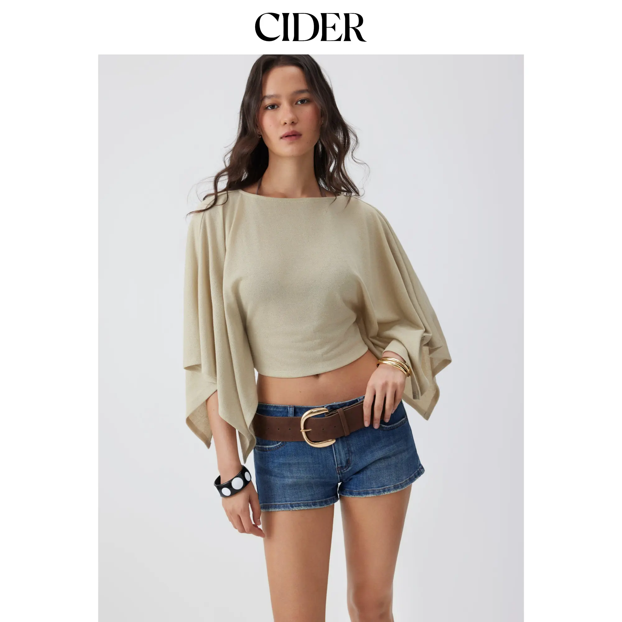 Cider Women's Textured Boat Neck Cropped Batwing Sleeve Asymmetrical Oversized Pullover - Asymmetrical Cut, Cropped Batwing Sleeve Styles, Asymmetrical Cut Women's Pullovers, Cropped Batwing Sleeve Women's Pullovers