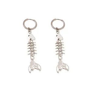 White Resin Tailed Fishbone Dangling Huggie Hoop Earrings - Pair - Stainless Steel