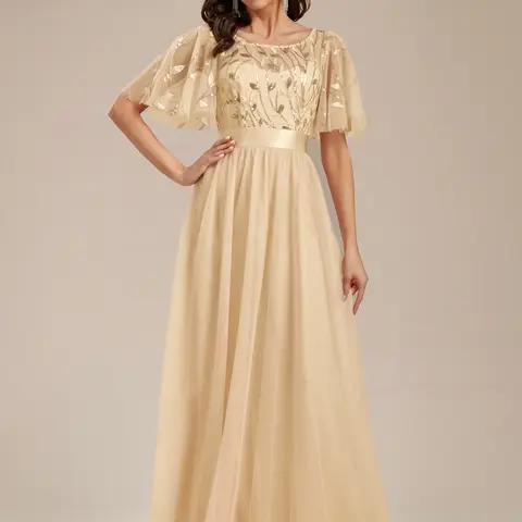 Ever-Pretty Women's Sparkly Formal A-Line Maxi Dress - Polyester, Short Sleeve, Round Neck, Contrast Sequins Leaf, Shimmer Bodice, Belt Waist, Concealed Back Zip, Smooth, Classic Formal Wear Wedding Guest Dress (Style 00904)