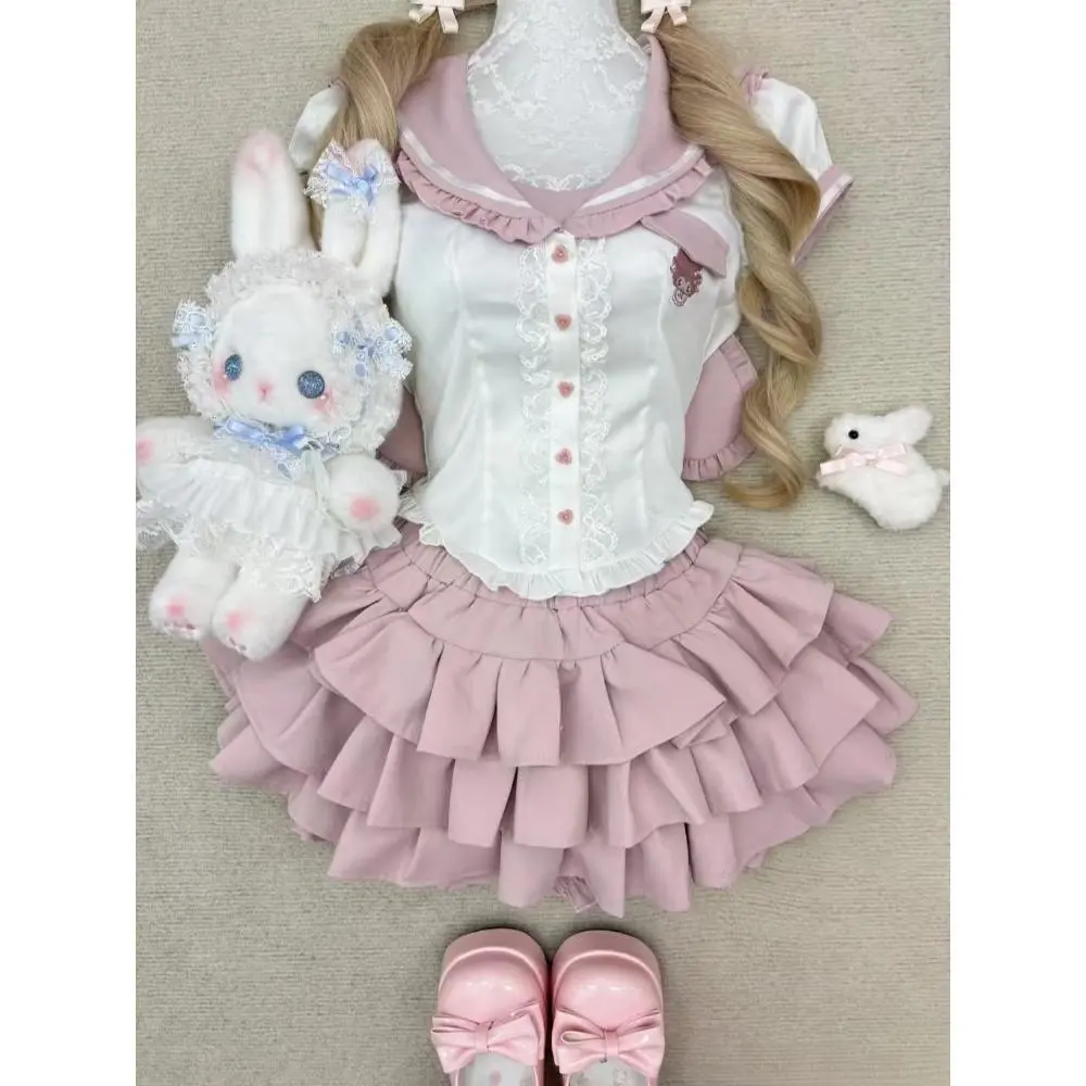 Sweet Japanese Kawaii Short Sleeve 2-piece Set Women Design Lolita Hepburn Princess Pink Suit Fashion Lace Doll Collar Outfits