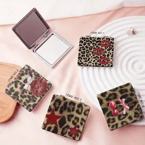 Y2K Leopard Print Red Lips Star Design Mini PU Folding Mirror - Ideal Gift for Birthday/Valentine's Day/Wedding, Vintage Makeup Accessory, Portable Handheld Mirror for Girls