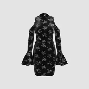 Cider [size 2-10] Velvet Angel Pattern Bell Sleeve Bodycon Short Dress