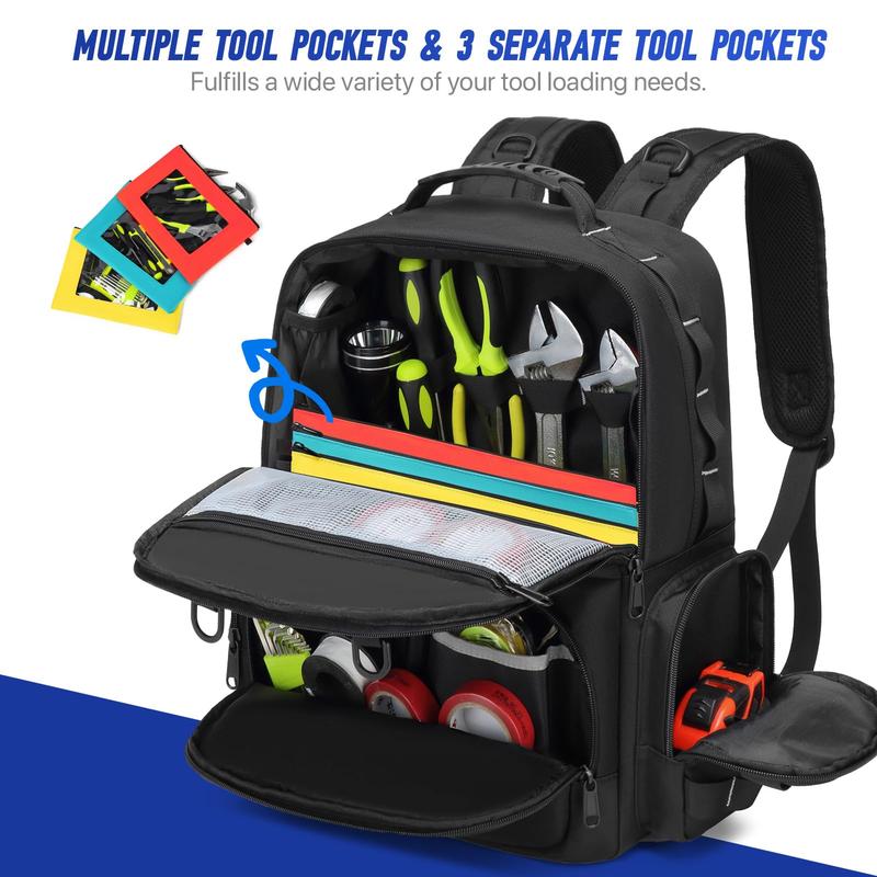 Tool Backpack Heavy Duty for Men - 3 Tool Pouches Work Tool Bag for Electrician Industrial Construction HVAC Techs Repairman, Large Space & Durable