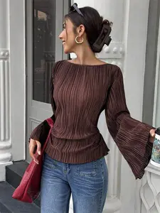 Elegant Women's Ruched Flare Sleeve Belted Slim Fit Long Sleeve Top, Vintage Style Casual Commuter Wear, Spring & Fall Fashion Flared
