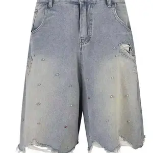 Y2K Unisex Denim Shorts with Stylish Rhinestones and Distressed Look for Fashionable Wear
